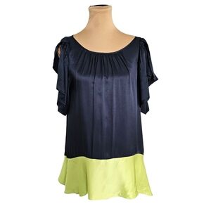 Maeve NWT Dark Navy Blue and Green Ruffled Flutter Sleeve Blouse Sz S